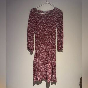 Women's Pink Floral Long-Sleeve Midi Dress